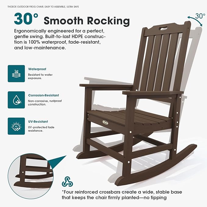 Oversized Rocking Chair Set of 2 Outdoor Rocking Chair for Adults All Weather Resistant Porch Rocker for Lawn Garden Brown