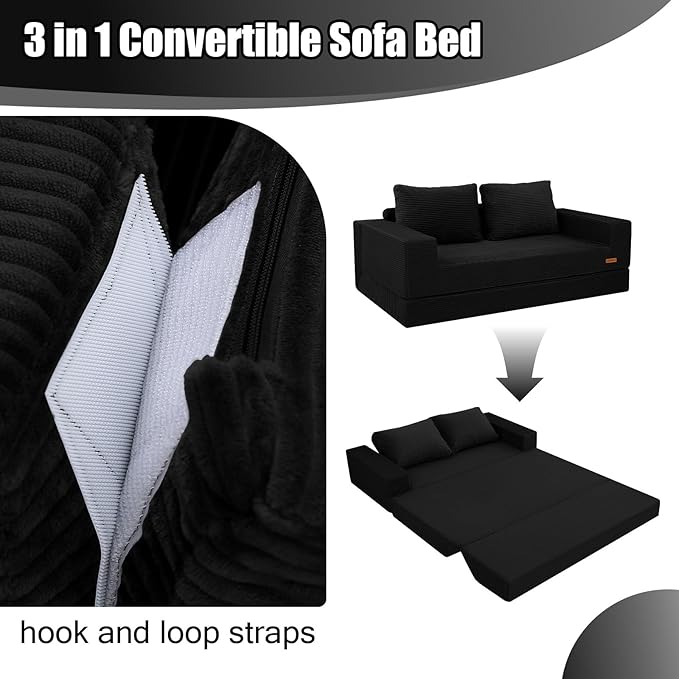 COMAX Convertible Sofa Bed Queen Corduroy Folding Floor Couch Pull Out Couch Bed Futon Sleeper with Pillows Fold Out Boneless Sofa Comfy Lounge Mattress Loveseat for Living Room Bedroom Black