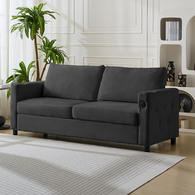 PUREMIND Queen Sleeper Sofa Couch 69 Velvet Pull Out Sofa Bed with Folding Foam Mattress 2-in-1 Sleeper Loveseat with USB &amp Cup Holders Pull Out Bed for Living Room Small Spaces Dark Grey