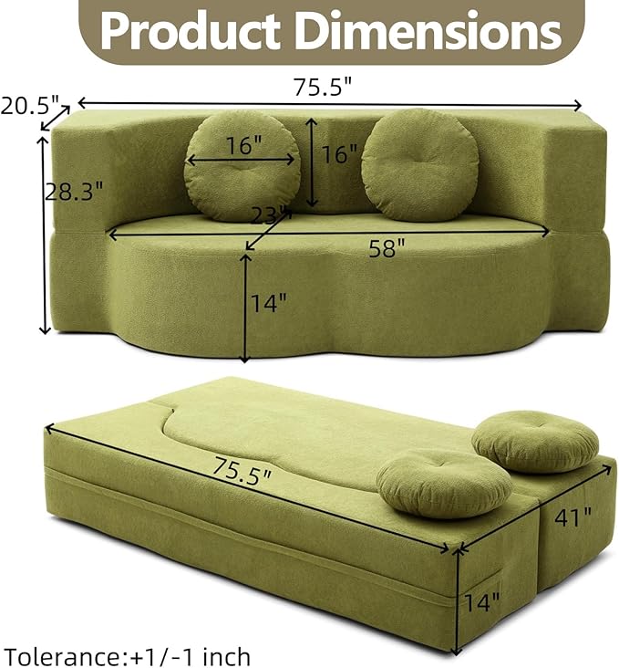 2-In-1 Futon Sofa Bed Foldable Couch with 2 Pillows Convertible Foldable Sofa Bed Folding Sofas Beds for Living Room Guest Room Apartment Office Lazy Sleeper Comfy No Assembly (Green)