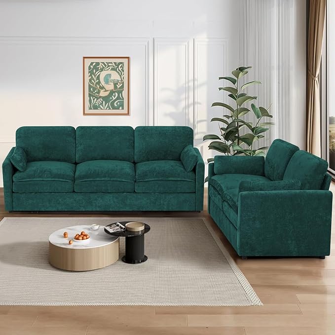 2 Pieces Chenille Sofa Set w/Arm Pillows Upholstered Loveseat &amp 3 Seater Sofa w/Comfortable Back Cushions Modern 2-Seat &amp 3-Seat w/High-Density Foam for Living Room Apartment Teal