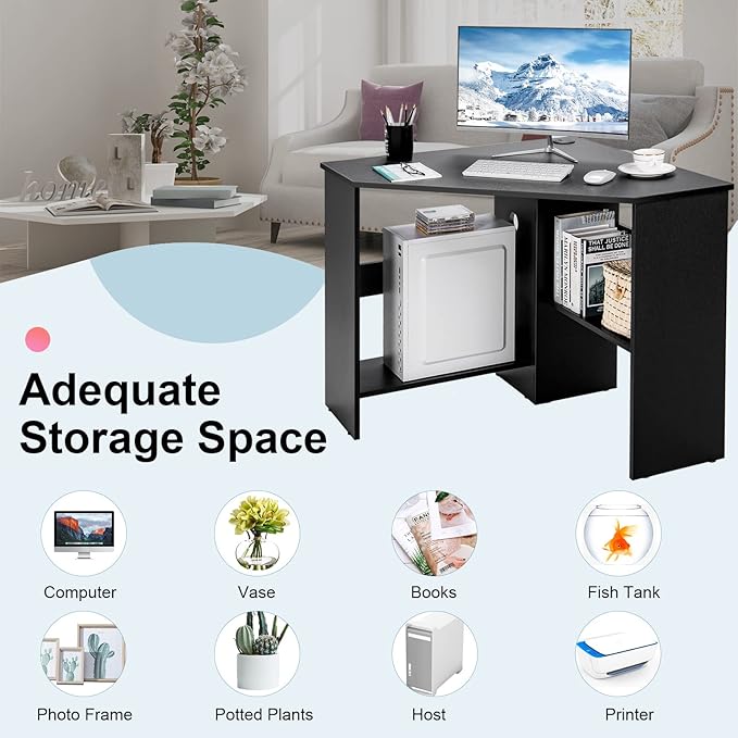 LDAILY Corner Desk Space Saving 90 Degree Triangle Computer Desk with Storage Shelves &amp Cable Holes Wood Compact Corner Writing Table for Small Spaces Home Office Bedroom &amp Living Room Bl