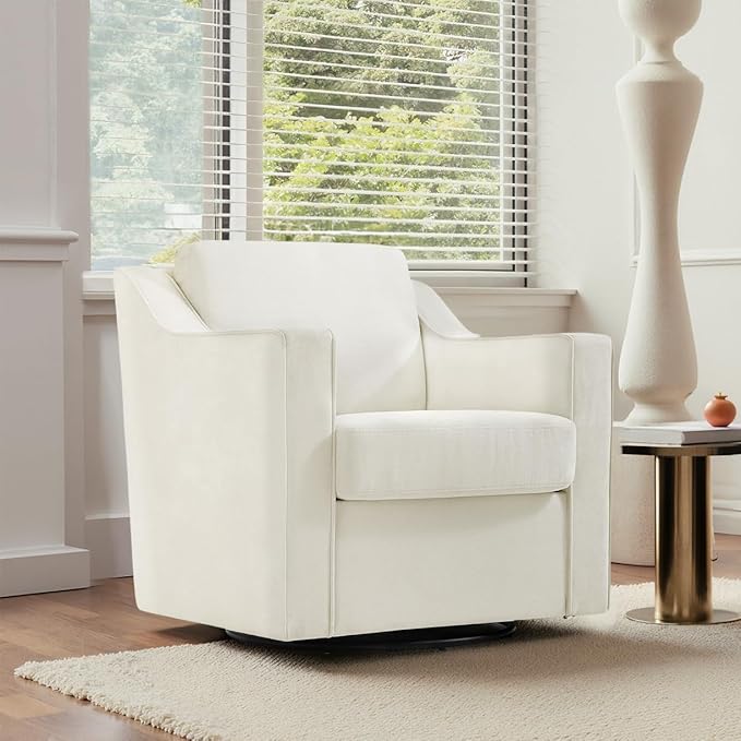 UIXE Swivel Accent Chair Chenille Upholstered Armchair for Living Room Comfy Single Sofa Bedroom Reading Seat with Lumbar Pillow - Beige
