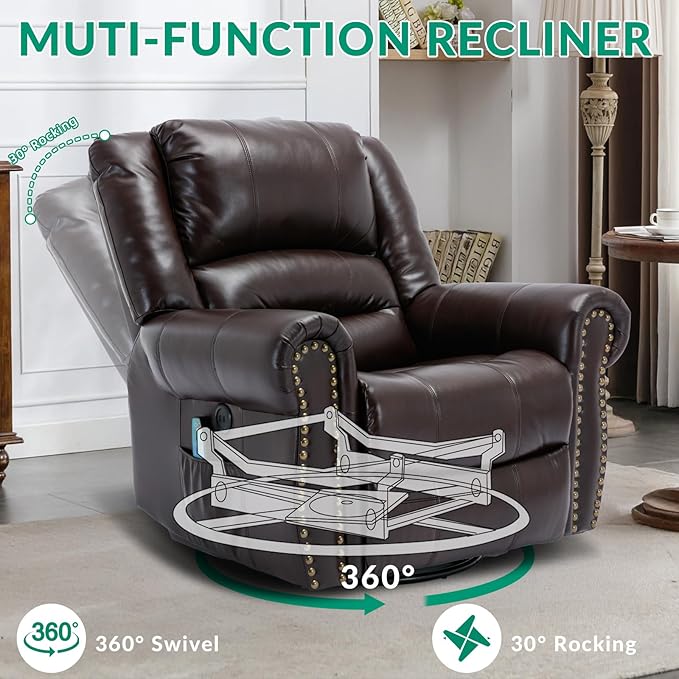 VIVIJASON Massage Swivel Rocker Recliner Chair with Heat &amp Vibration 360° Swivel Manual Glider Rocking Reclining Chair with Remote Control Side Pockets &amp USB Ports for Living Room Brown