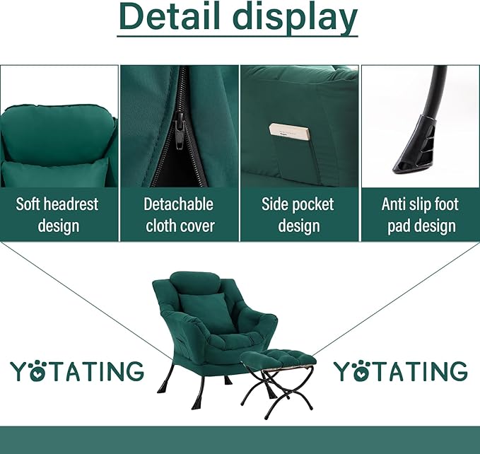 Lazy Chair with Ottoman Comfy Reading Chair with Footstool &amp Pillow Modern Lounge Chairs with Armrests &amp Side Pocket for Living Room Bedroom Dorm RoomDark Green