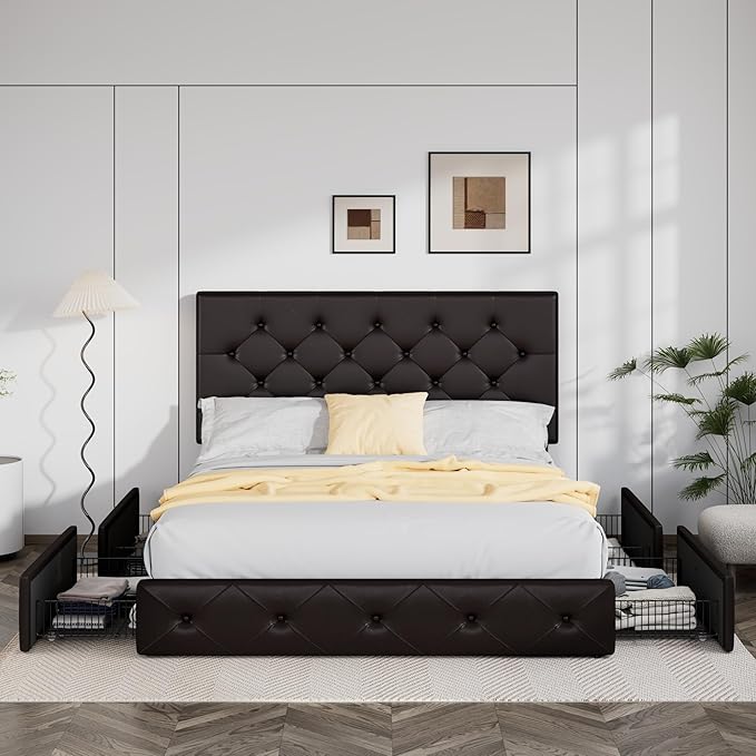 Allewie Upholstered Queen Size Platform Bed Frame with 4 Storage Drawers and Headboard Diamond Stitched Button Tufted Mattress Foundation with Wooden Slats Support No Box Spring Needed Black Brown