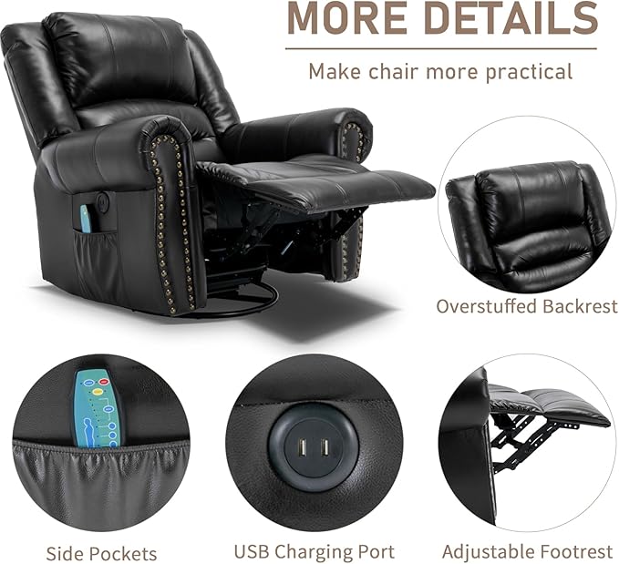 Manual Massage Swivel Rocker Recliner with Heat and Vibration 360° Swivel Glider Rocking Recliner Chair Classic Living Room Lounge Recliners with Side Pockets &amp USB Ports Black