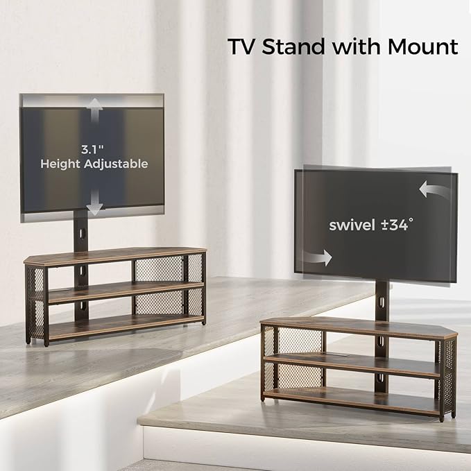 Rolanstar TV Stand with Mount and Power Outlet Swivel TV Stand Mount with LED Lights for 32/45/55/60/65/70 inch TVs Rustic Brown Entertainment Center Media Console with Height Adjustable Mount