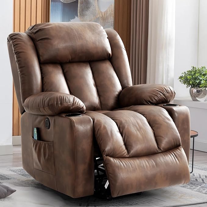Power Lift Recliner Chair for Elderly Electric Recliner Chairs for Adults with Massage and Heat Cup Holders Remote Control USB Ports Side Pockets Leather (Ochre)