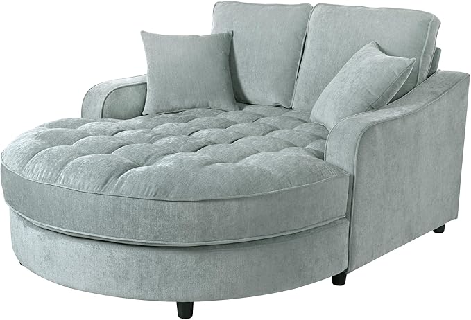 55 Oversized Chaise Lounge Chair Indoor Modern Lounge Sofa Bed with Tufted Seat and Detachable Pillows Chenille Fabric Upholstered Sofa Couch for Living Room (Green/175)