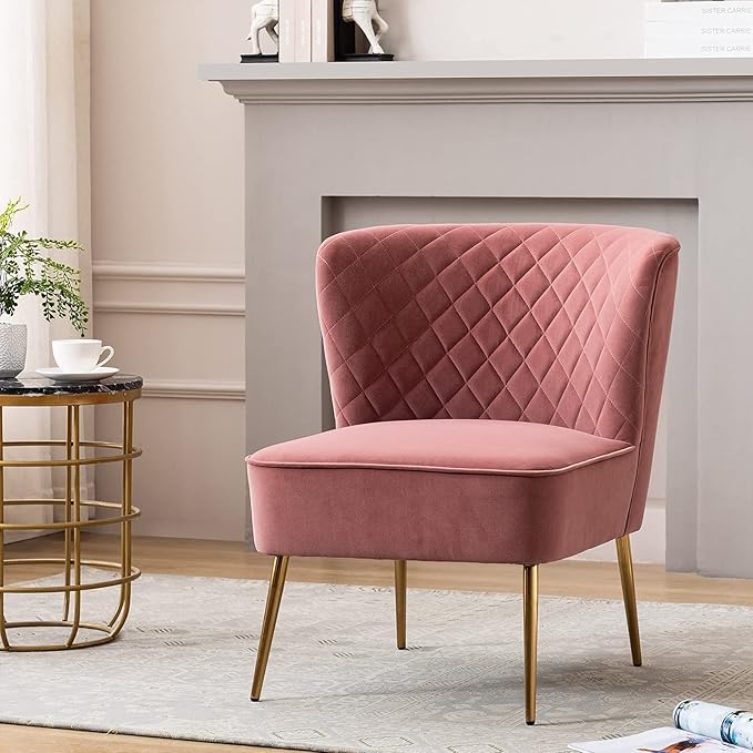 DUHOME Velvet Accent Chair Armless Slipper Vanity Makeup Chair with Back Upholstered Sofa Chair with Golden Legs Barrel Chair for Living Room Bedroom Pink