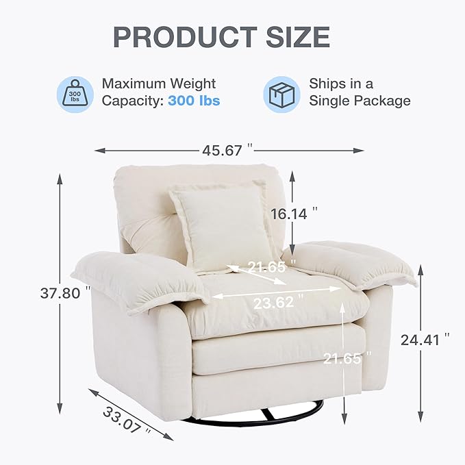 360° Swivel Accent Chair Oversized Plush Modern Chenille Armchair with Padded Seat &amp Back Comfy Spinning Chair for Living Room Bedroom Office (Beige)