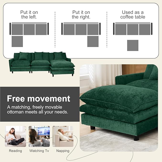 108.27 Modular Convertible Sectional Couch 4 Seat L Shaped Sofa Reversible Chaise Sectional Sofa Deep Seat Cloud Couch Chenille for Home Apartment Dorm
