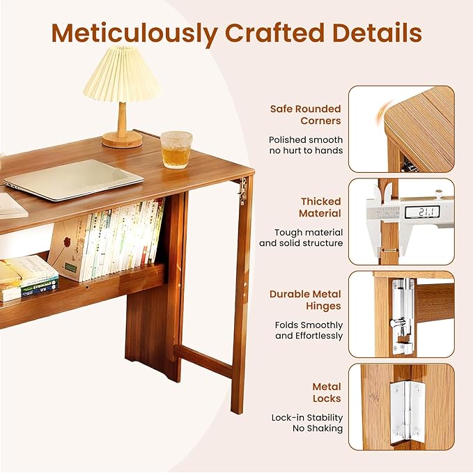 41 Bamboo Folding Desk with Bookshelf Folding Bamboo Desk for Small Spaces Computer Table Space Saving Wooden Desks for Home Bedroom Study Office Bamboos Writing Desks Brown