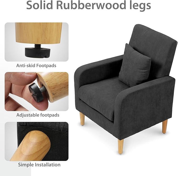 Upholstered Sofa Chair with Pillow Fabric Accent Armchair with Wooden Legs Comfy Lounge Chair for Living Room Bedroom or Office Supports up to 300 lbs (Black)