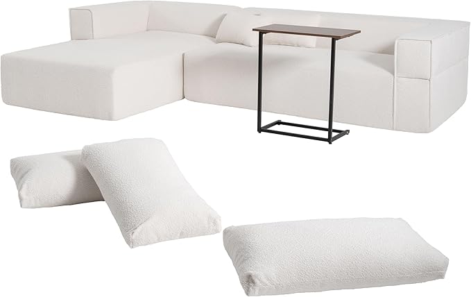 112 Modular Sectional Cloud Couch with Left Facing ChaiseBoneless Compressed Sofa Couch SectionalBoucle FabricIncludes Side Table and PillowsNo Assembly NeededWhite
