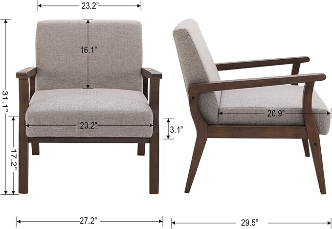 Mid Century Modern Accent Chair Linen Upholstered Armchair Comfy Living Room Chairs Single Fabric Lounge Chair Reading Chair with Solid Wood Frame Grey