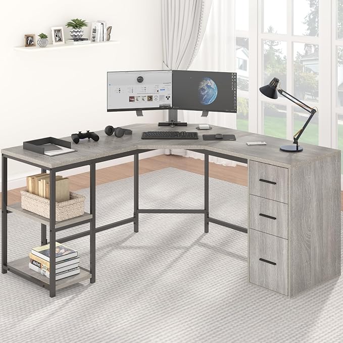 HSH Gray L Shaped Corner Desk with Storage 60 Corner L-Shaped Computer Desk with File Cabinet Shelves Reversible Wood Metal L Shape Home Office Work Study Writing Desk for Dual Monitor Light Grey
