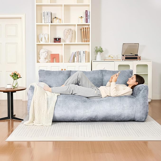 Faux Fur Loveseat Couch Oversized Lounge Sofa for Adults Fluffy Lazy Sofa with Soft Stuffed Filling Big Comfy Couch Boneless Couches for Living Room Bedroom Light Gray Blue