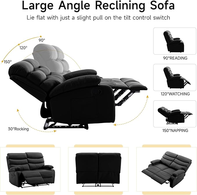Double Recliner Loveseat Leather Reclining Loveseat 2 Recliners Set Wall Hugger Loveseat Recliner Sofa for Living Room RV Home Theater Seating(Black 2 Seater Sofa)