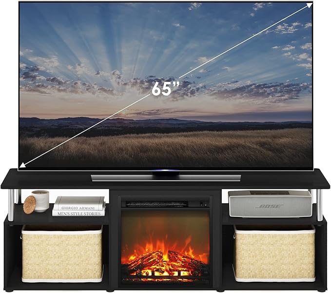 Furinno Jensen Open Storage Fireplace Entertainment Center for TV up to 70 Inch with Stainless Steel Tubes Americano/Chrome