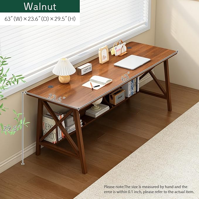 Extra Long Desk with Bookshelf - Wooden Home Office Work Study Table 2-Person Writing Computer Workstation with Storage Shelf in Walnut 63 Wx24 Dx30 H