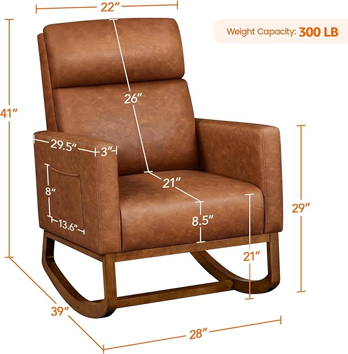 Yaheetech Leather Living Room Chair Rocking Accent Chair Modern Nursery Glider Chair with High Back and Side Pocket Accent Rocker Armchair with Wood Legs for Living Room Bedroom Study Brown