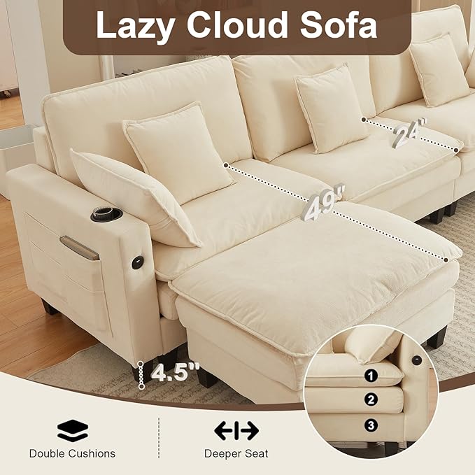 152 L Shaped Sectional Couch Chenille Sectional Couches for Living Room Modular Cloud Couch with Movable Ottoman Modern Cloud Sofa with Charging Station Cup Holder Side Pocket Beige