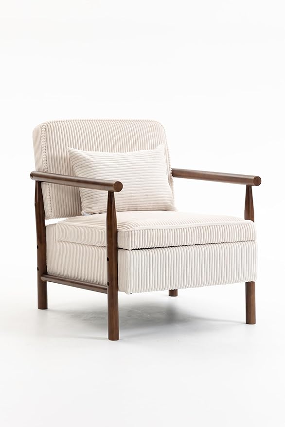 Yoglad Accent Chair with Storage Corduroy Fabric Reading Chair with Wood Frame Mid Century Modern Storage Armchair for Living Room Bedroom Apartment(Antique White)