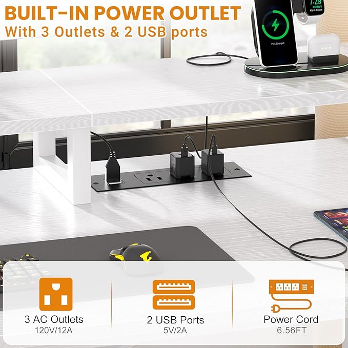 Aheaplus Gaming Desk with LED Lights and Power Outlets 59 inch Computer Desk with Fabric File Drawers Home Office Desk with Monitor Stand and Storage Shelves White