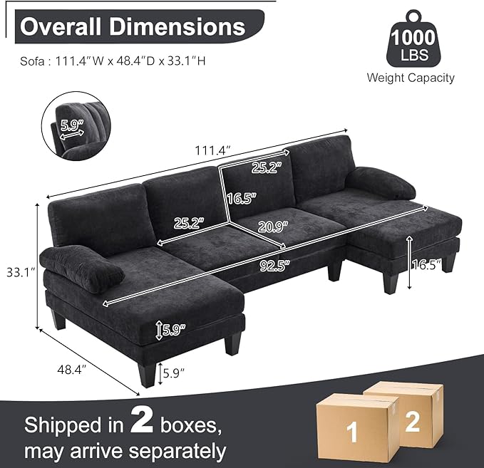 Karl home 111 Sectional Sofa U-Shaped 4-Seat Couch with Chaises Wood Grian Legs Chenille Fabric Upholstered for Living Room Apartment Office Black