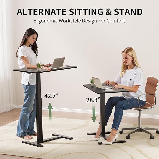 Mobile Overbed Standing Desk with WheelsRolling Desk Adjustable HeightPneumatic Laptop Side Table for CouchHomeOfficeSmall Sit Stand Computer Workstation CartBlack