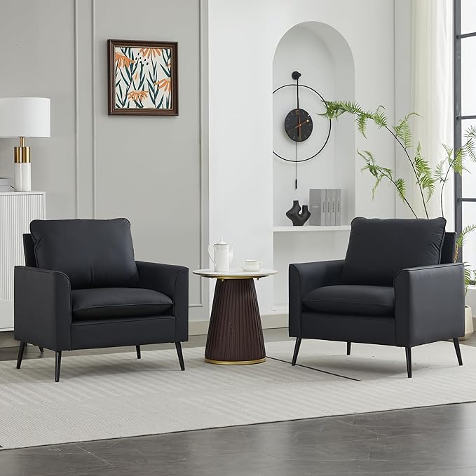 YISHENG Mid-Century Modern Living Room Accent Chairs Set of 2 - Oversized Faux Leather Armchairs with Removable Cushions &amp Metal Legs Comfortable Sofas for Office/Lounge/Bedroom/Reception（Black）