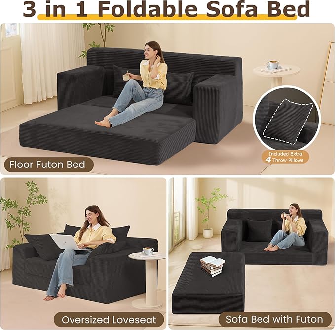 Convertible Sofa Bed Boneless Loveseat Folding Couch Bed Foldable - 3 in 1 Small Ccouch &amp Futon Sofa Sleeper Corduroy Pull Out Couch with 4 Pillows for Living Room Black