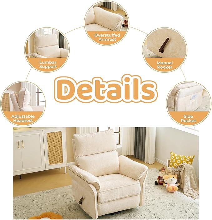 Oversized Rocking Chair Nursery with Adjustable Headrest 26 Wide Swivel Rocker Recliner Nuresry Chair with Overstuffed ArmrestManual Rocker Recliner for NurseryBeige