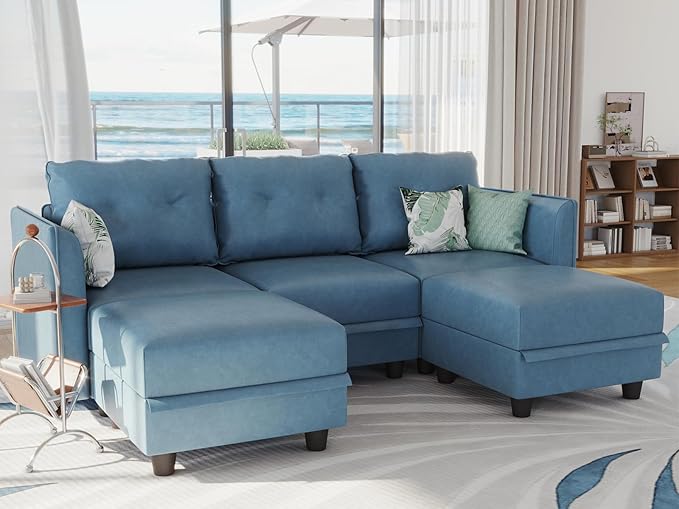 LLappuil Modular Sectional Sofa Convertible U Shaped Couch with Storage Faux Leather Fabric Waterproof Sectional Couch for Living Room 86.2 Width 5 Seat Modular Sofa Navy Blue
