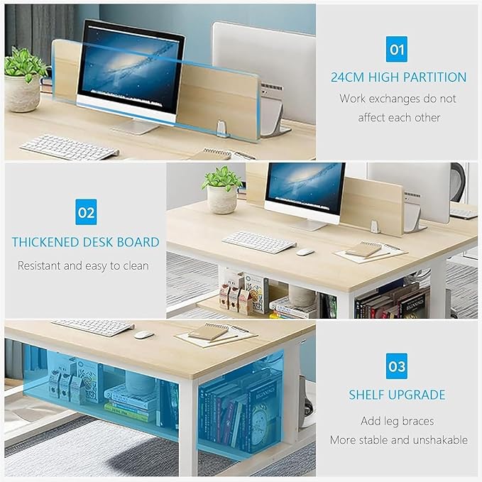 47 Inch Double Desk with Partition &amp Shelves Two Person Computer Desk Workstation for Home Office