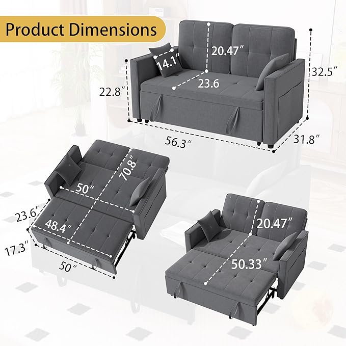 Grey Convertible Sofa Bed: 3 in 1 Sleeper Sofa Couch Bed Pull Out Couch with Adjustable Backrest Velvet Convertible Loveseat Sleeper for Living Room (Grey)