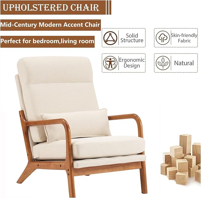 Accent Chair for Living Room Mid-Century Modern Upholstered Armchair with PillowReading Arm ChairComfy Accent Chair for Bedroom