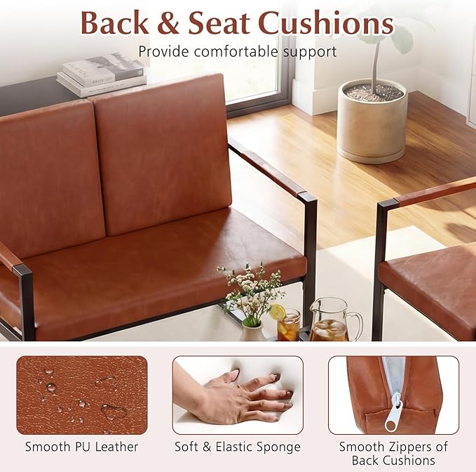Giantex Modern Loveseat Sofa 2-Seater Sofa with Solid Metal Frame &amp Removable Back Cushions Spacious Seat &amp Supportive Armrests Indoor Couch for Living Room Bedroom Office (Brown)