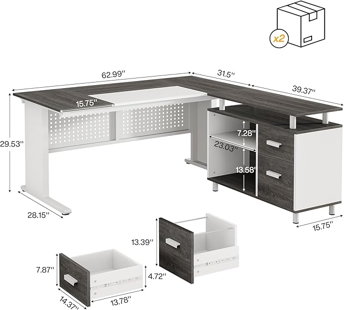 Tribesigns 63-Inch L-Shaped Executive Desk with Storage Shelves Large Office Computer Desk with Drawers and File Cabinet Industrial Business Workstation for Home Office Gray and White