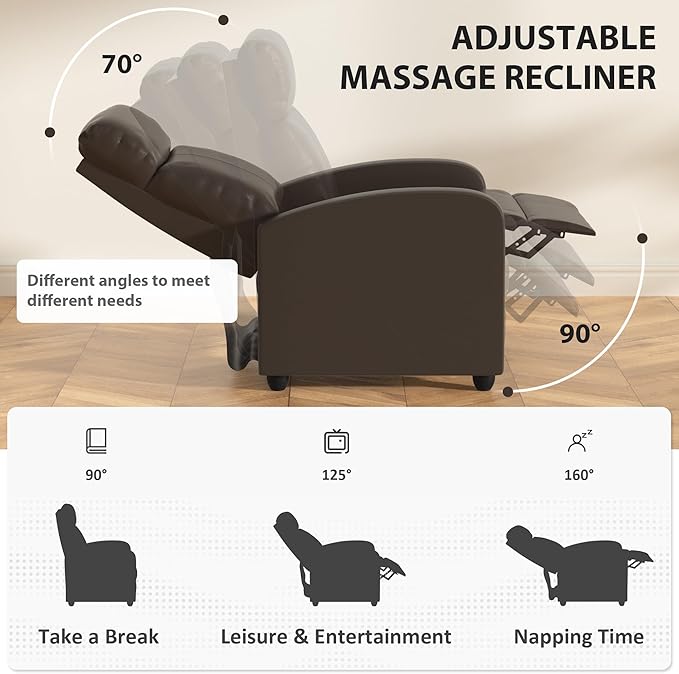 Massage Recliner ChairHome Theater Seating Single Sofa for AdultsReclining Seat with Backrest and FootrestModern PU Leather Wingback Seating for Living RoomOfficeApartment - Brown