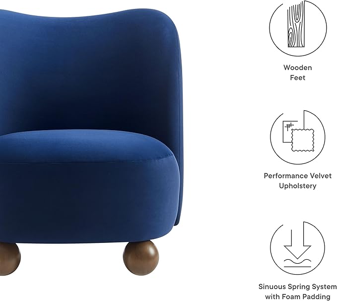 Modway Monroe Performance Velvet Accent Chair in Midnight Blue Walnut - Upholstered Stain-Resistant Barrel Chair - Comfy Lounge Chair - Oversized Round Armless Reading Chair for Living Room