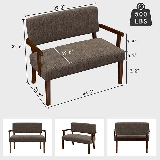 Accent Chair 2 Seat Upholstered Reading Leisure Chair Bench with Solid Wood Frame for Dining ReadingWaiting Rooms (Brown)