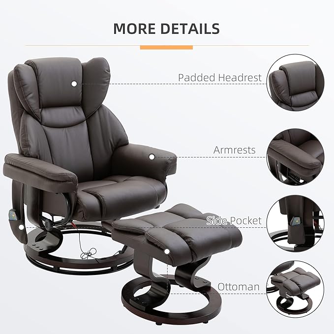 Massage Recliner Chair with Ottoman Footrest 10 Vibration Points 360° Swivel Reclining Chair Faux Leather Living Room Chair with Side Pocket and Remote Control