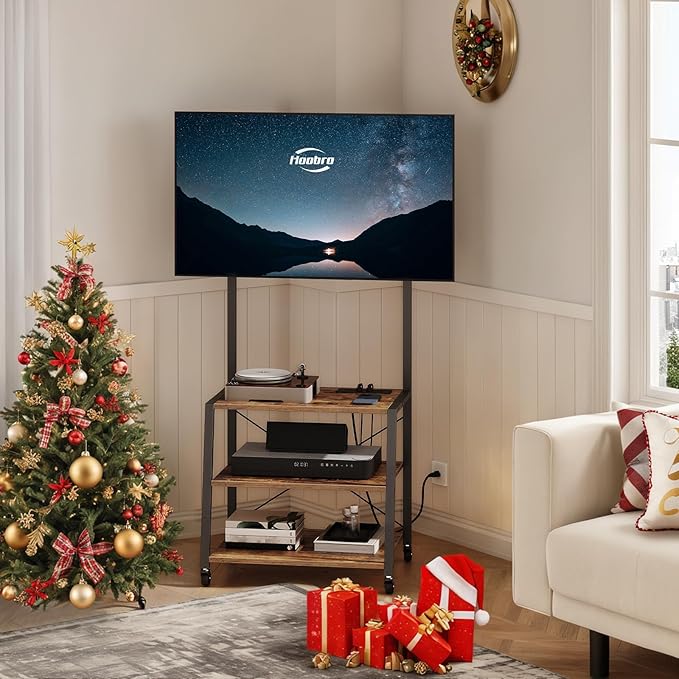 HOOBRO Rolling TV Stand with Mount and Power Outlet Up to 55 inch TV Corner Entertainment Center Small TV Stand with 3-Tier Storage Shelves for Living Room Bedroom Rustic Brown and Black BF66UDS01