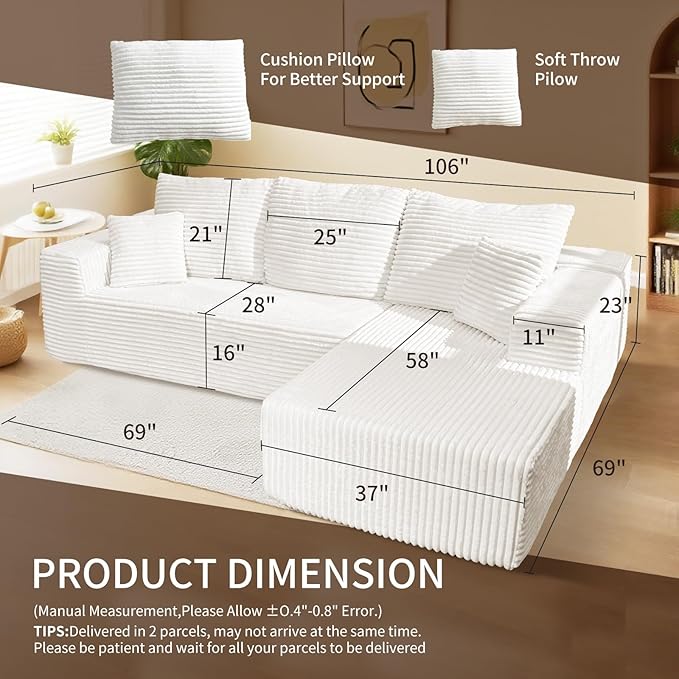 106'' Cloud Sectional Couch with L-Shape Chaise Boneless Modular Sofa with Deep Seat Modern Corduroy Couch for Living Room No Assembly Required. (Beige Right-Facing Chaise)