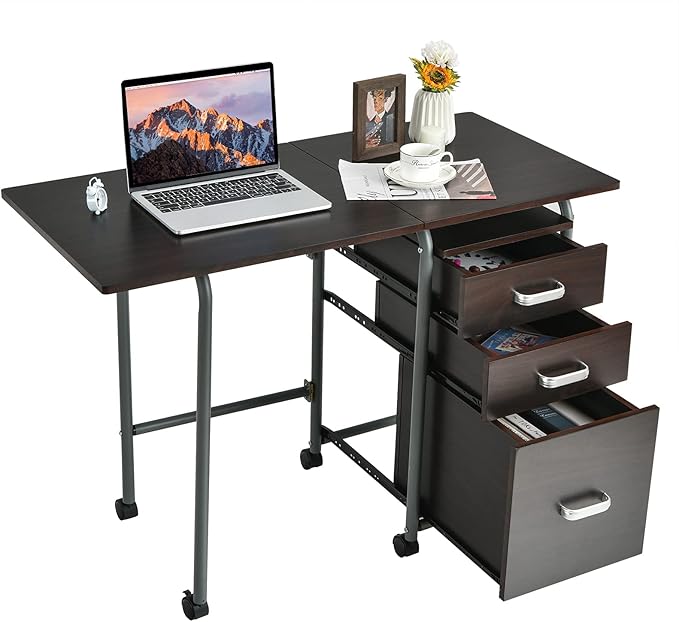 Tangkula Folding Computer Desk with 3 Drawers Mobile Home Office Desk Portable Laptop Desk Writing Table Space Saving Compact Desk for Small Spaces Dorm Apartment