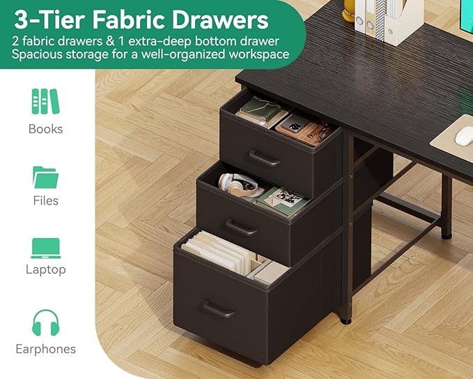 AODK 51 Inch Computer Desk with Fabric Drawers &amp USB Power Outlets Reversible Home Office Desk with Storage Shelves Work from Home Modern Work/Writing/Study Table for Bedroom Black