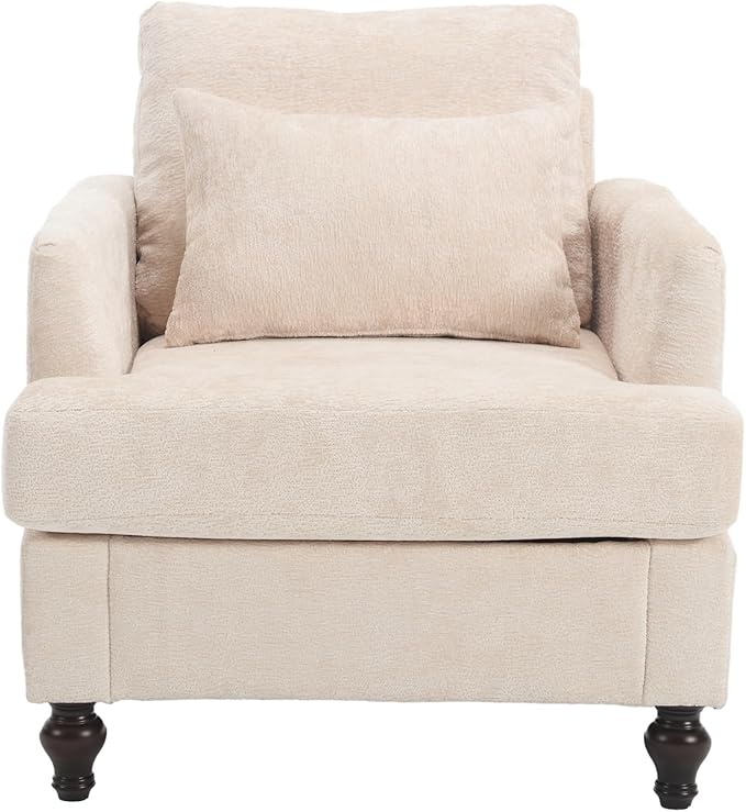 Mid Century Modern Accent Chair with 2 Pillows Chenille Upholstered Armchair with Solid Wood Legs and Thick Cushion Tufted Club Chair Comfy Reading Chair Lounge Chair for Living Room Bedroom Beige